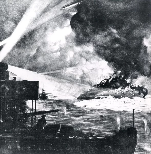 German battleship sinking at night, WW1