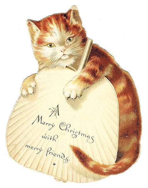 Ginger cat with a fan on a cutout Christmas card
