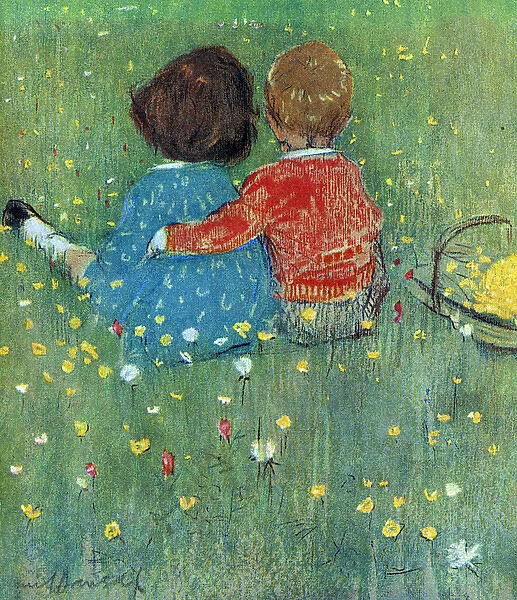 Girl and boy sitting on grass by Muriel Dawson