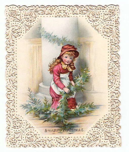 Girl with green branches on a Christmas card