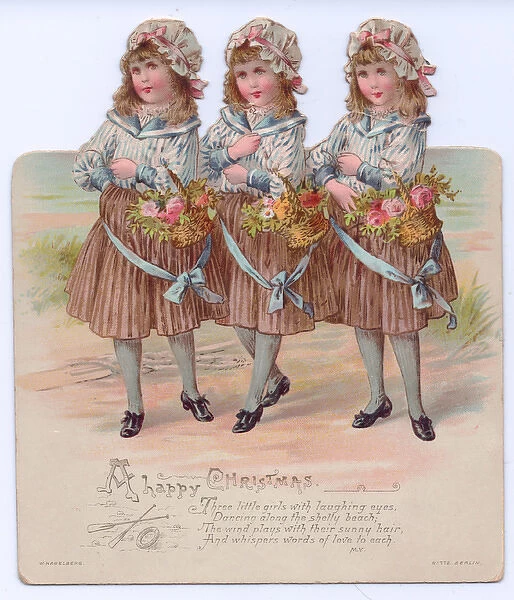 Three girls with flowers on a cutout Christmas card
