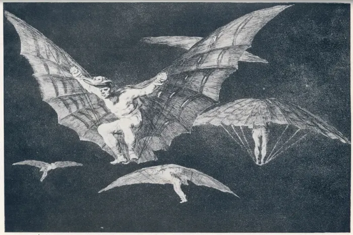 Framed Print : Goya's Birdmen Print: A Realistic Etching of Winged Figures Framed Print : Goya's Birdmen Print: A Realistic Etching of Winged Figures