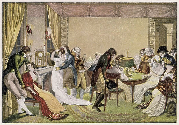 A group of wealthy Parisians enjoy an evening party, which includes conversation and gambling. Date: circa 1805