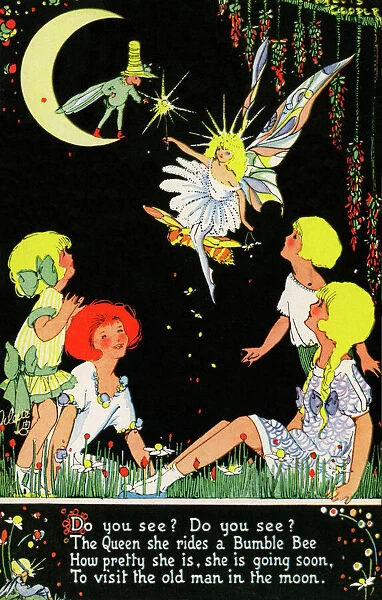 Happy Land. Childhood fantasy. Young girls imagine a fairy queen flying