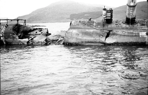 HMS Stoic. Submarine HMS Stoic, crushed in deep submergence tests, 1949 Date: 1949