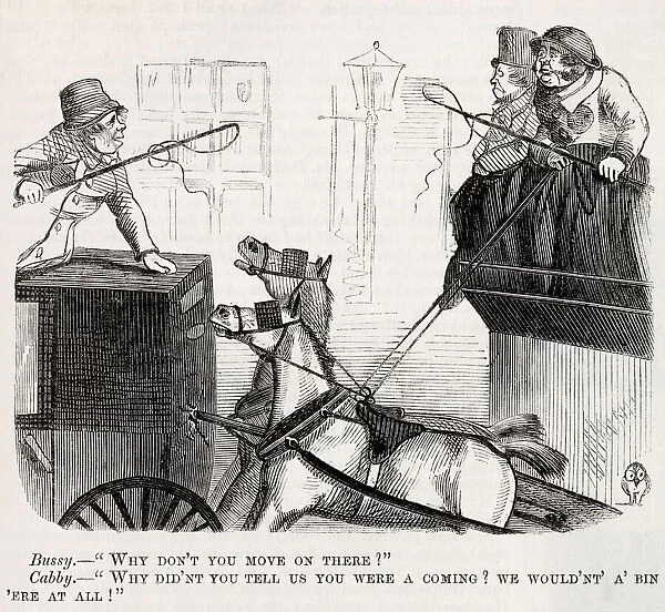 A horse-bus clashes with a horse-cab in 1853. Bussy: 'Why don t you move on there