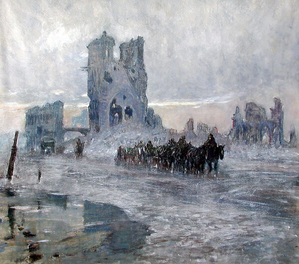 Horse-drawn transports passing the Cloth Hall, Ypres