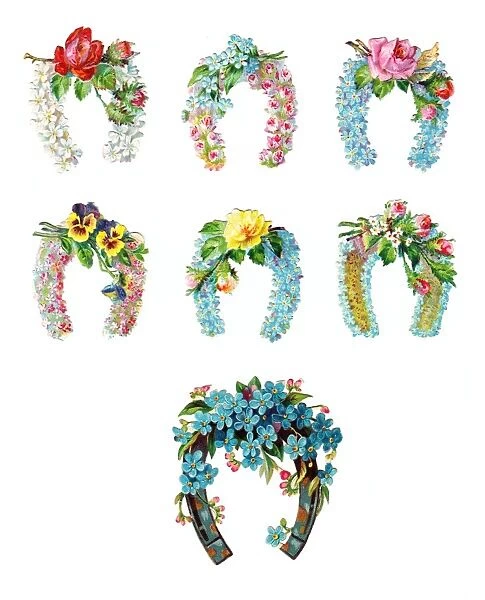 Horseshoes and flowers on seven Victorian scraps