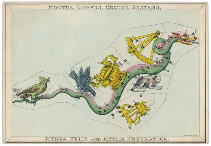 Framed Print : Hydra Constellation Print featuring an Owl, Raven and Sextant Framed Print : Hydra Constellation Print featuring an Owl, Raven and Sextant