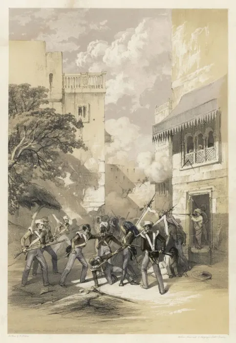 Framed Print : Print of British forces capturing Sikh standards in Mooltan Framed Print : Print of British forces capturing Sikh standards in Mooltan