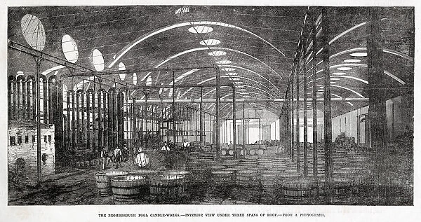 Interior view of under three spans of roof of Prices Candle Company