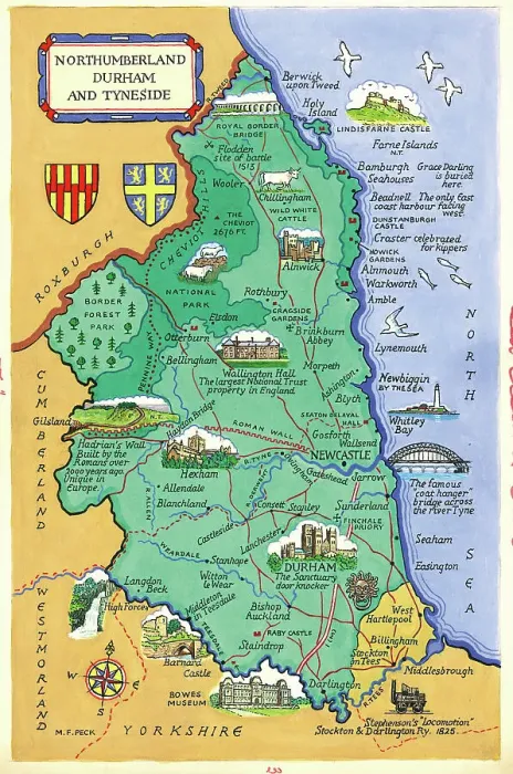 Framed Print : Northumberland and Durham Tyneside Map Print by M. F. Peck
