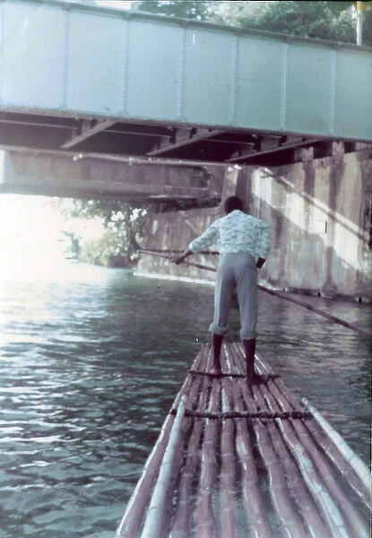 Jamaican man rafting under the bridge down the Rio Grand, Ja