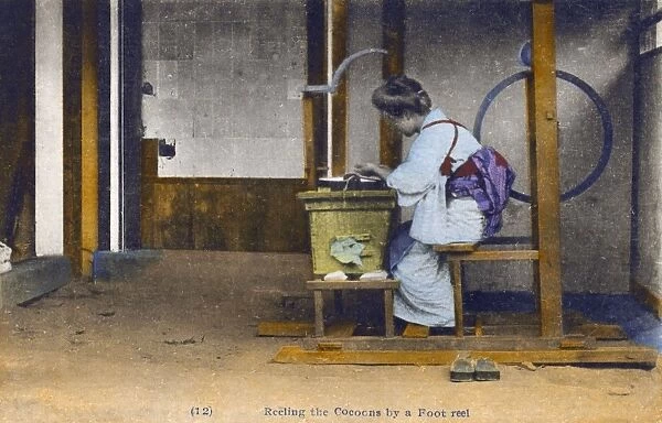 Japan - Silk Industry - Reeling the cocoons by foot reel