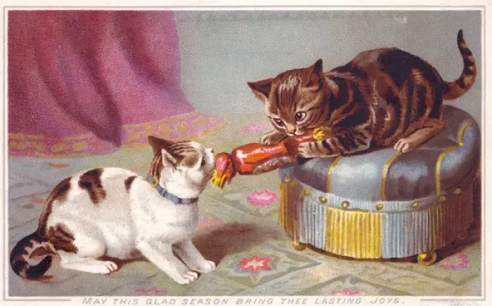 Framed Print : Two Kittens Pulling a Cracker Print circa 1890s Framed Print : Two Kittens Pulling a Cracker Print circa 1890s