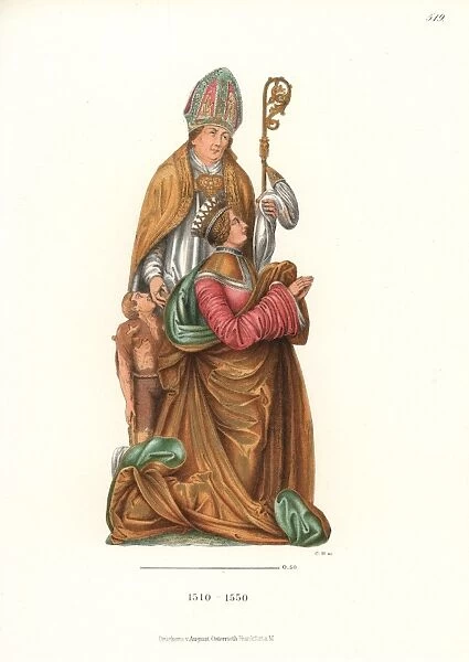 Kneeling woman with her patron saint standing behind her