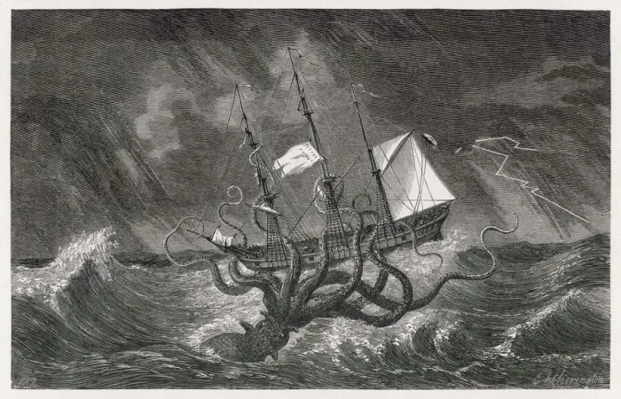 Framed Print : Kraken Attacking Ship Print Framed Print : Kraken Attacking Ship Print