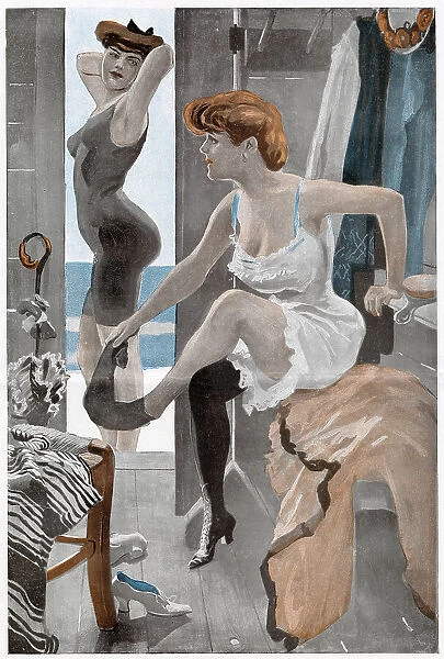 Ladies undressing in a bathing machine. Date: circa 1910
