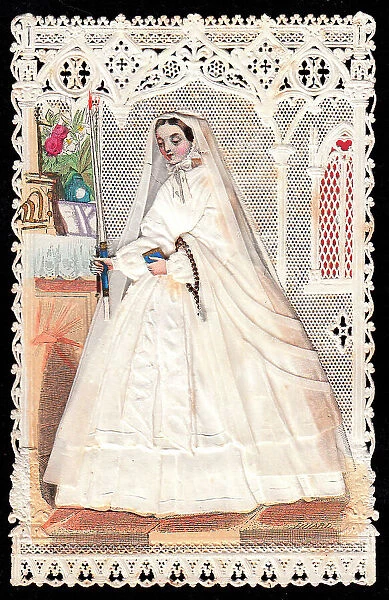 Lady in communion dress on a lacy greetings card