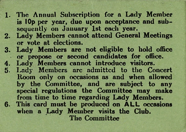 Lady Members conditions for membership at Working Mens Clubs