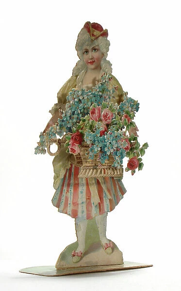 Lady with pink and blue flowers on a greetings card