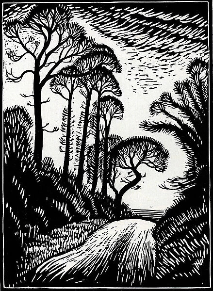 The Lane. Artwork of a bumpy lane between two grassy banks with trees. Date: circa 1930