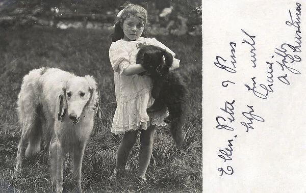 Little girl with a cat and a dog in a garden