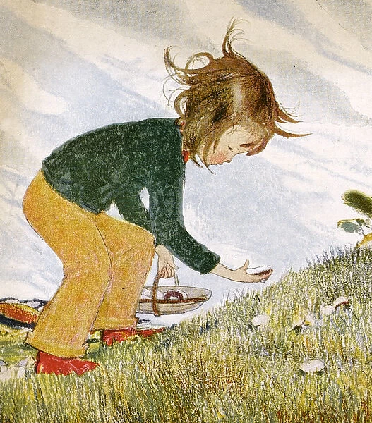 Little girl picking mushrooms by Muriel Dawson