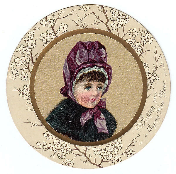 Little girl in a purple bonnet on a circular New Year card