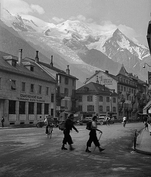 Main street, Chamonix, France, with Mont Blanc
