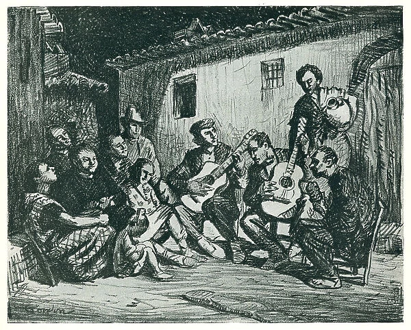 Malaquera. This pencil drawing captures a musical scene in which a closely