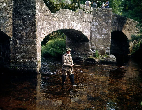Man fishing, Fingle Bridge, Dartmoor National Park, Devon