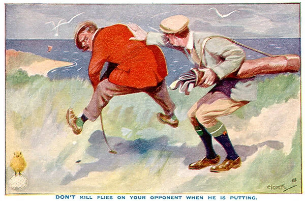 Man Hitting Flies off Man trying to putt on golf course Date: 1912