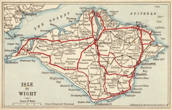 Framed Print : 1910 Isle of Wight Map Print with Rail Network Framed Print : 1910 Isle of Wight Map Print with Rail Network