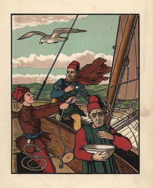 Medieval sailors on a sailboat