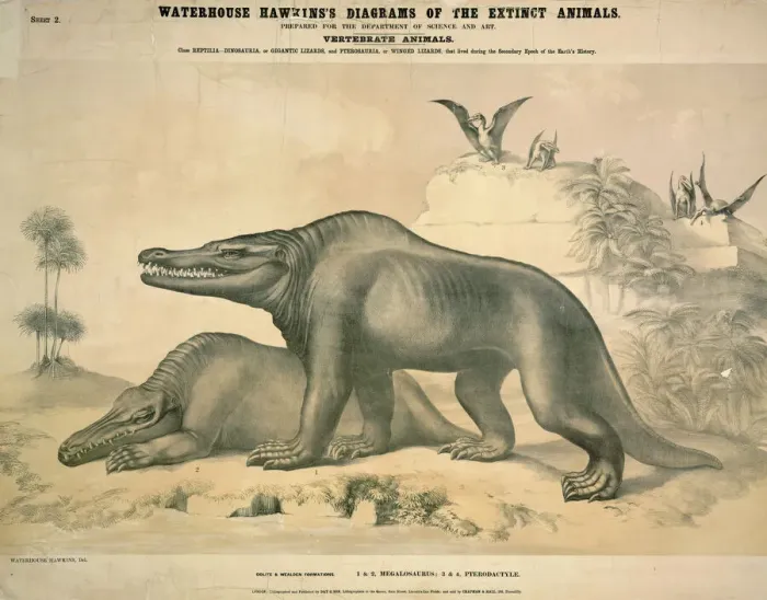 Framed Print : Megalosaurus and Pterodactyle Print, c. 1862 Framed Print : Megalosaurus and Pterodactyle Print, c. 1862