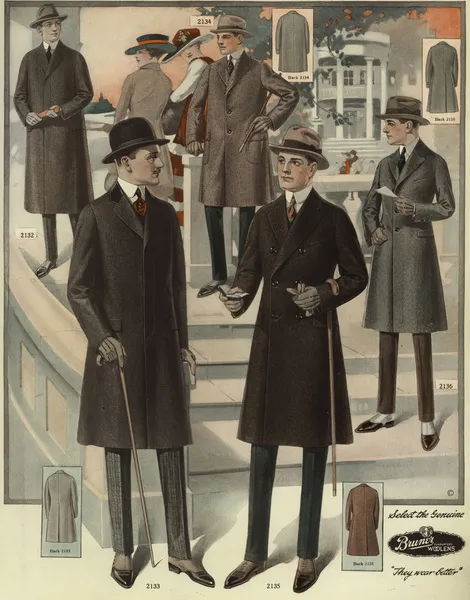 Men in box and fly-front overcoats from the 1920s