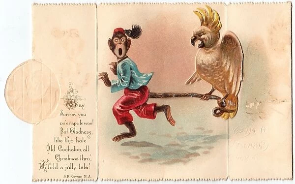 Monkey and cockatoo on a Christmas card