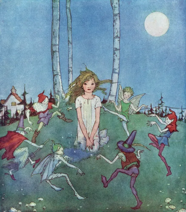 Framed Print : Moonlight Print: Whimsical Scene of Fairies and Imps Framed Print : Moonlight Print: Whimsical Scene of Fairies and Imps