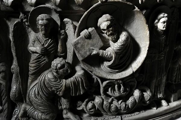 Moses receives the Law. Baptismal font. 12th century. Basili