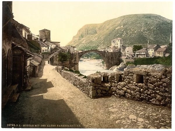 Mostar, with old Narenta Bridge, Herzegowina, Austro-Hungary