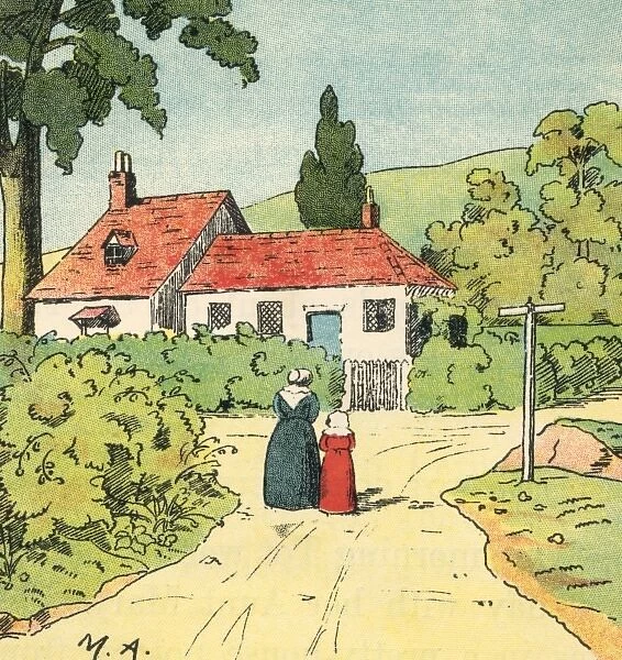 A mother and daughter wander down a country lane