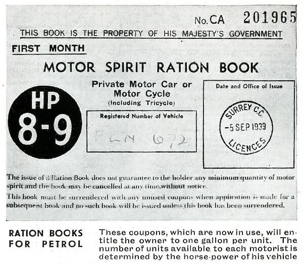 Motor spirit ration book front cover, September 1939