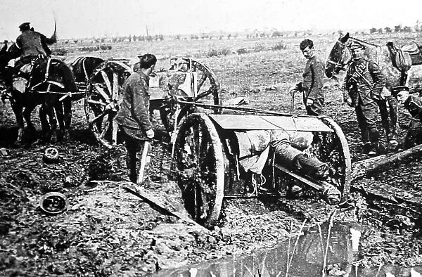 Moving a gun in the Flanders mud during the First World War