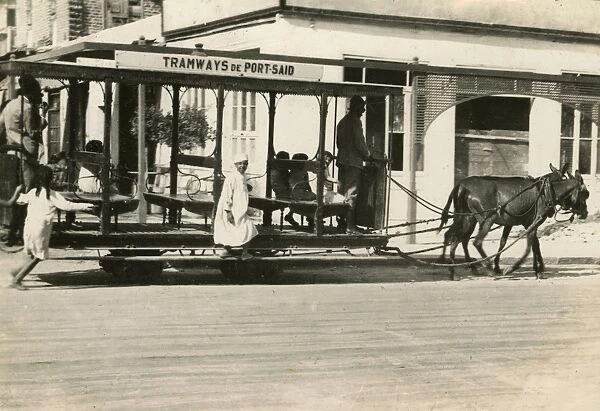 Mule-drawn street tram in Port Said, Egypt