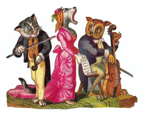 Musical cat, dog and owl on a Victorian scrap