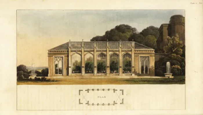 Framed Print : Plan and Elevation of a Gothic Conservatory Print, 1816