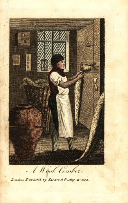 Framed Print : Wool Comber Using Heated Wool Combs Print, 1818 Framed Print : Wool Comber Using Heated Wool Combs Print, 1818