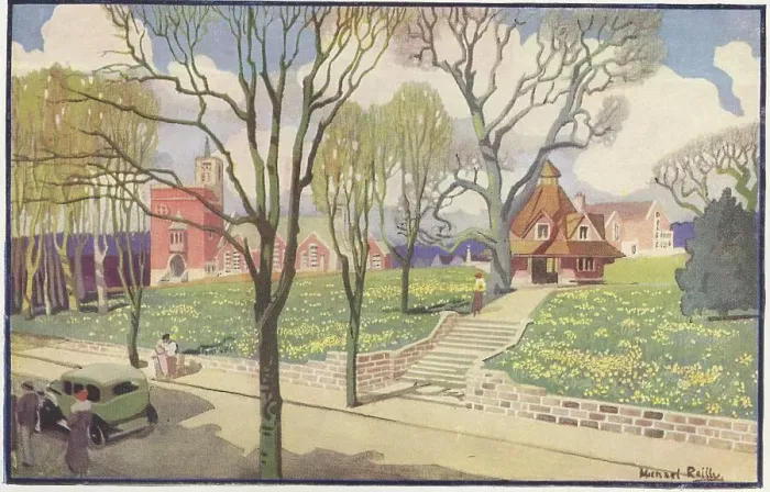 Framed Print : Print of Bournville village green, c.1920 Framed Print : Print of Bournville village green, c.1920
