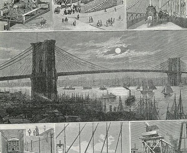 New York. Brooklyn Bridge in 1883. Engraving